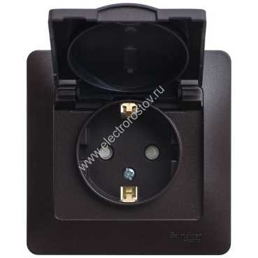 Glossa Шоколад Розетка 1-ая с/з со шторками с крышкой IP20 (в сборе с рамкой) Schneider Electric