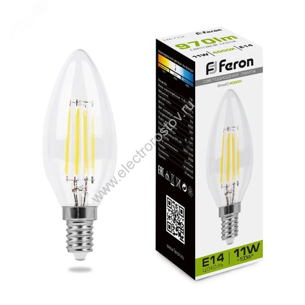Лампа FILAMENT Свеча прозрачная 11Вт Е14 4000К 970Лм FERON