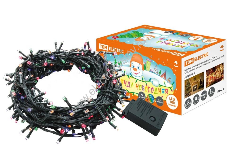 Гирлянда новогодняя светодиодная, СГ 100, 220В, зеленый шнур, многоцветная, 5м, 8 режимов TDM