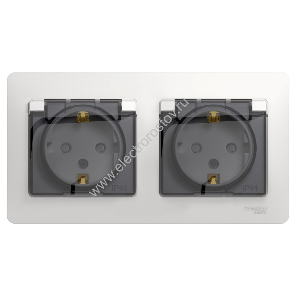 Glossa Белый Розетка 2-ая с/з, со шторками с крышкой, в сборе, IP44 Schneider Electric