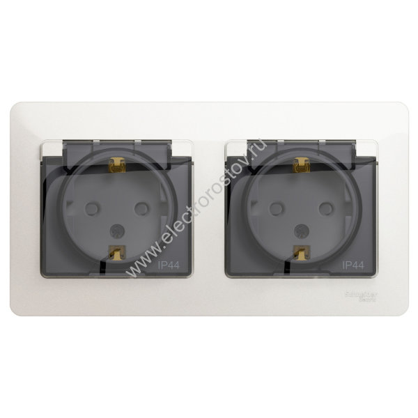 Glossa Перламутр Розетка 2-ая с/з, со шторками с крышкой, в сборе, IP44 Schneider Electric