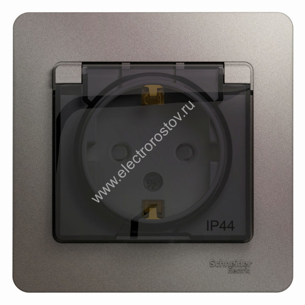 Glossa Платина Розетка 1-ая с/з со шторками с крышкой IP44 (в сборе с рамкой) Schneider Electric